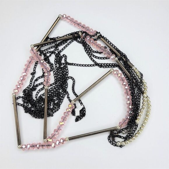 Multistrand Pink Bead Necklace, Pale Pink Long Necklace - Picture 6 of 12